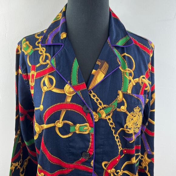 Lauren Ralph Lauren Blue Hawaiian Shirt Cotton Chain Printed Button-Up Medium M - Picture 3 of 7